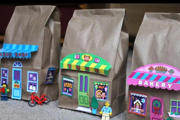 Paper bag craft with printed shop fronts glued to them.