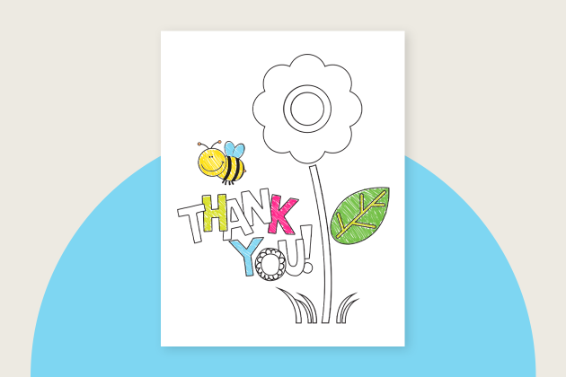 A smiling bee by a flower and the words “Thank You.”