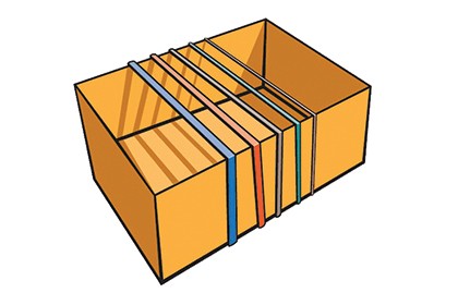 A computer-generated image of a box with rubber bands stretched around the box. 