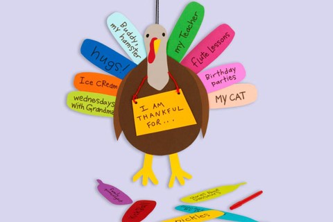 Paper turkey craft with handwritten notes on the feathers.