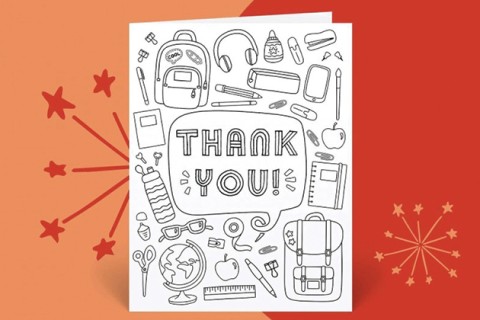 A thank-you card with drawings of school supplies.